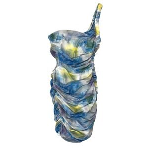 Angel Biba One Shoulder Ruched Mesh Mini Dress Watercolor Abstract Blue Yellow M